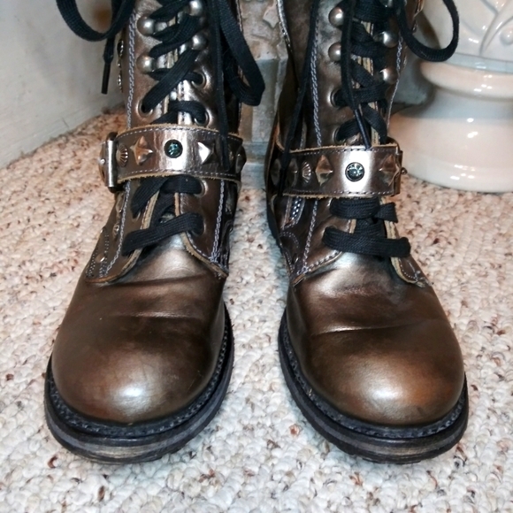 ASH Ryhanna Silver & Rhinestone Studded Distressed Pewter Leather Combat Boots - Picture 5 of 11